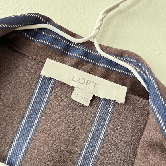 LOFT Brown Satin Striped Wrap Midi Dress w/ Waist Tie, Collared, Size M - Picture 6 of 12